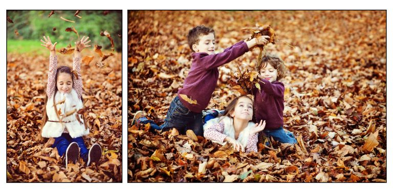siblings throwing leaves over eachother at mote park maidstone kent