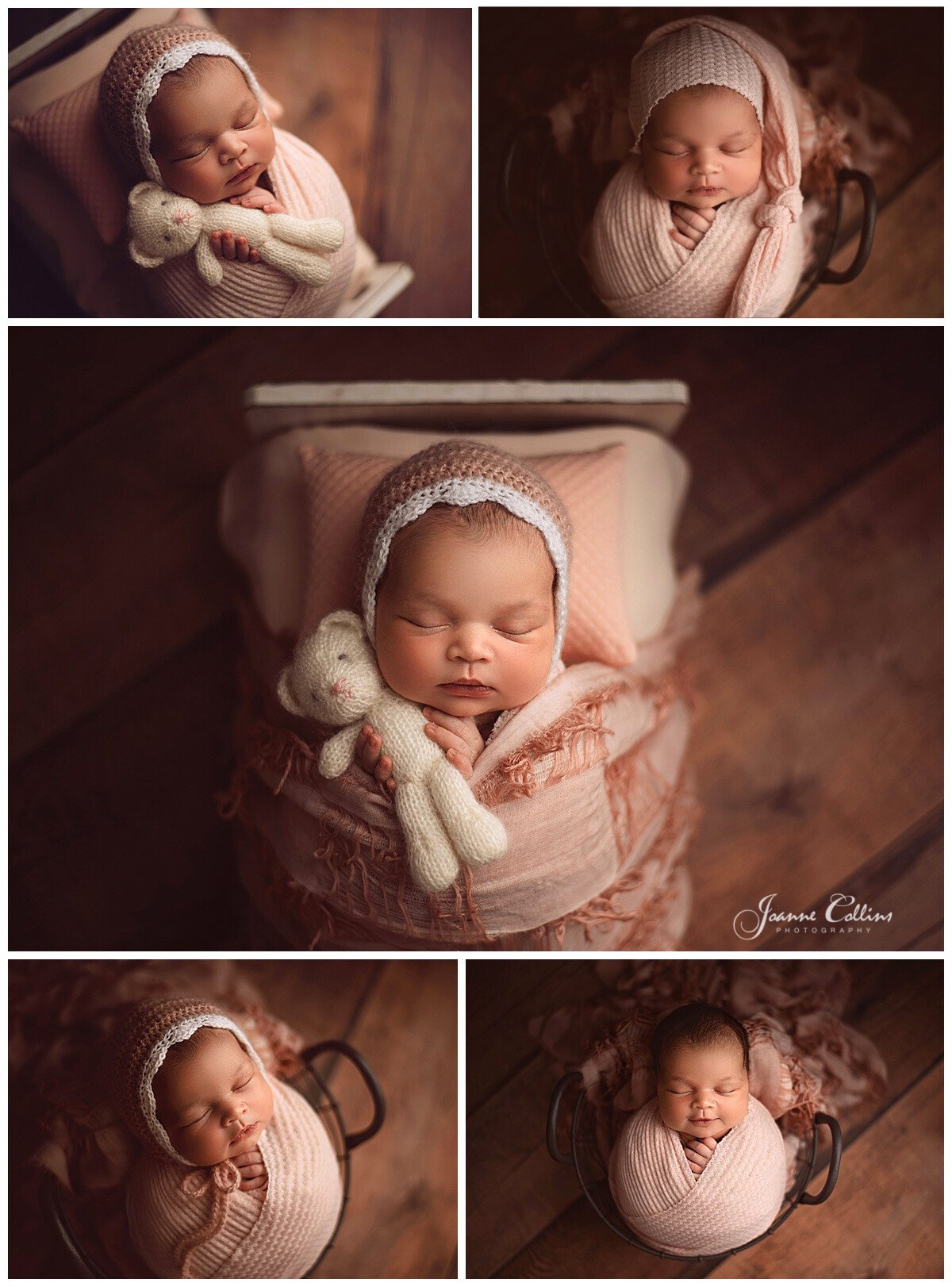 newborn photographer kent baby girl in little bed with teddy bear